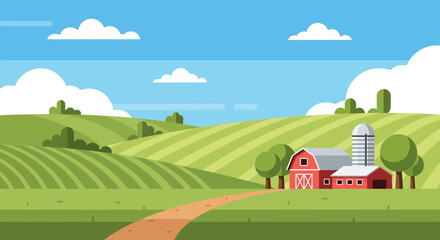 Flat design illustration of a red barn and silo on a rolling green farm landscape with cultivated fields. © renza