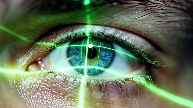 A close-up of a human eye with a green laser beam crossing it