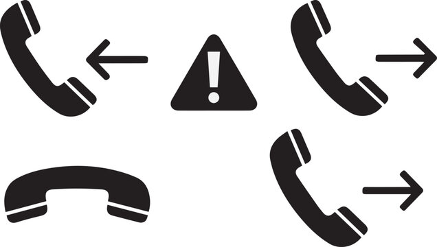 Collection of phone icons including incoming and outgoing calls and warning sign.