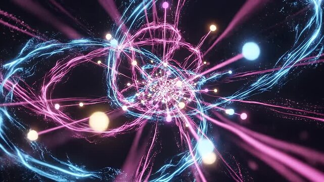 A vibrant, abstract digital artwork showcases a glowing, interconnected network of light strands and spheres against a dark background, evoking a sense of futuristic technology and complex systems.