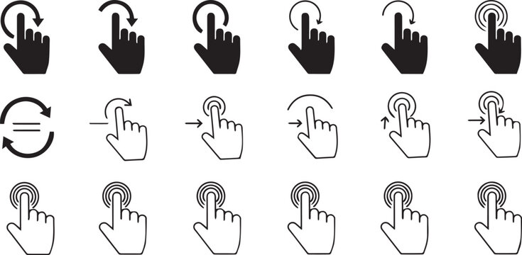 Hand cursor icons for touch gestures, including tap, click, swipe, and zoom actions.