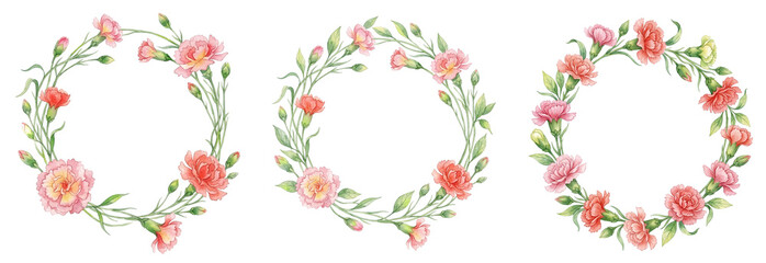 Set of pink carnation floral wreaths for elegant circular frame design © SOMONG-D