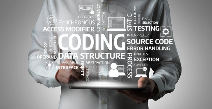 Modern Software Development and Coding Concept with Keywords Displayed, Highlighting Programming Techniques, Data Structures, and Software Testing in Technology. Tessel.