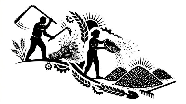Traditional agriculture harvest process with peasant man threshing wheat bundle using flail and farm woman winnowing grain with sifting basket vector silhouette illustration