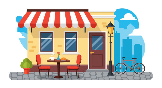 Cozy cafe storefront with outdoor seating, bicycle and city skyline.