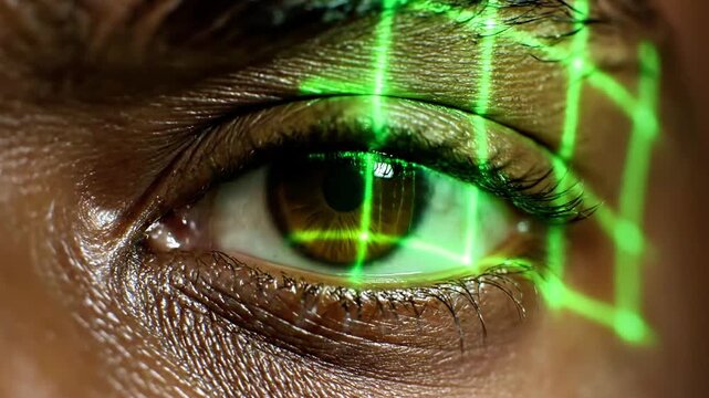 A close-up of a human eye with a green grid superimposed over it