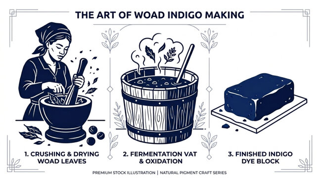 Traditional woad indigo dye making process infographic with woman crushing leaves in mortar wooden fermentation vat and finished natural blue pigment block vector illustration set