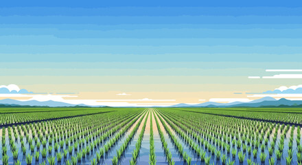 Pixel art rice field landscape with rows of green plants under a blue sky © Maryati