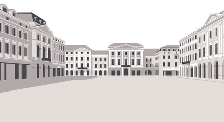 Modern Architectural Plaza with Classic Buildings, Minimalist Style © Maryati