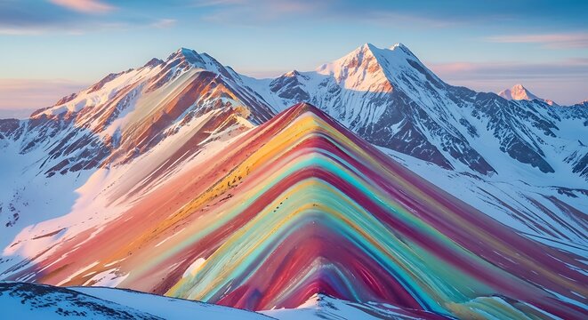 Stunning View of the Rainbow Mountain in the Peruvian Andes with Snow.