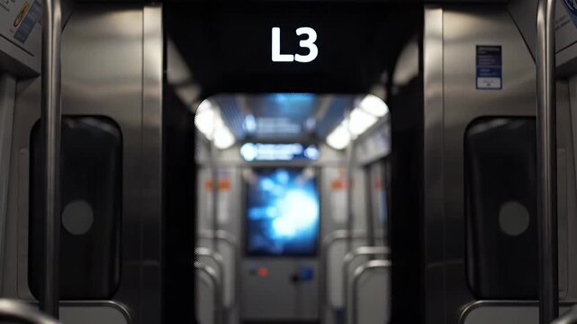 A perspective view inside a modern subway car shows the next car's designation 'L3' illuminated, creating a sense of transit and urban movement.