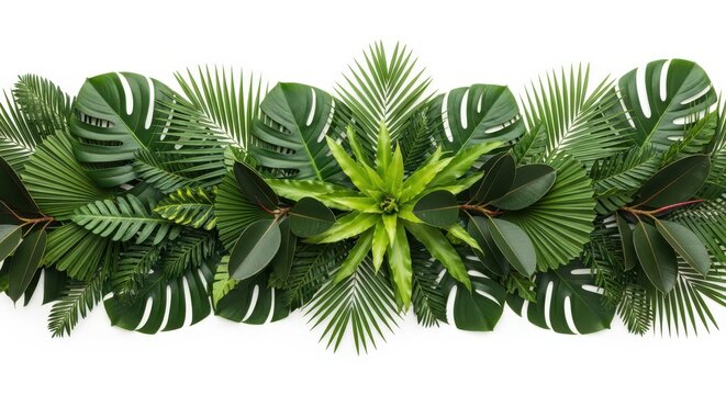 Lush Tropical Green Leaves Border with Monstera and Palm Fronds Isolated on White Background for Summer Design