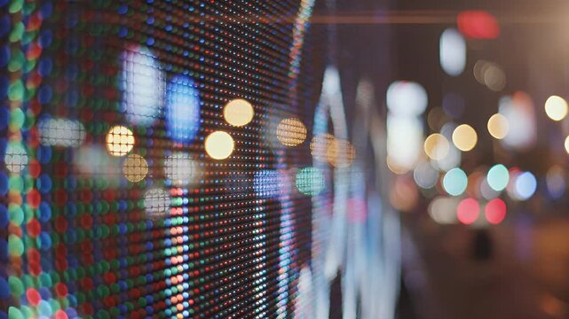 Abstract bokeh lights and led display grid at night, close-up