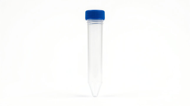 Clear plastic conical tube with blue cap for laboratory use