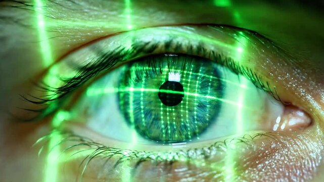 A close-up of a human eye with a green iris and digital grid overlay