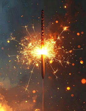 A sparkler emits vibrant sparks against a dark background