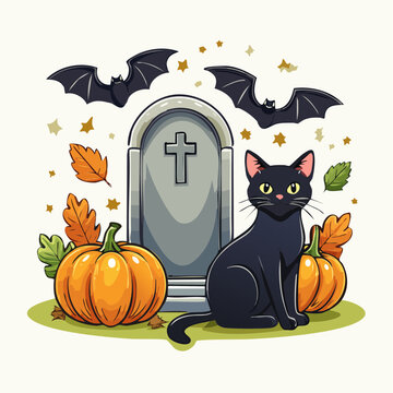 Halloween Black Cat with Tombstone and Pumpkins
