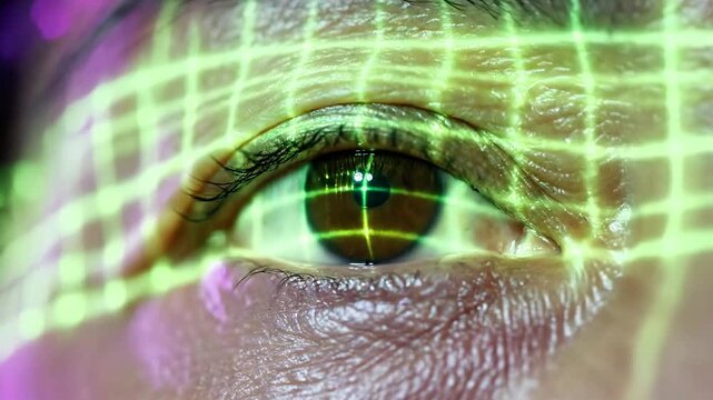 A close-up of a human eye with green iris and yellow grid lines overlay