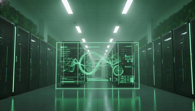 Modern green data center with energy monitoring dashboard and server arrays