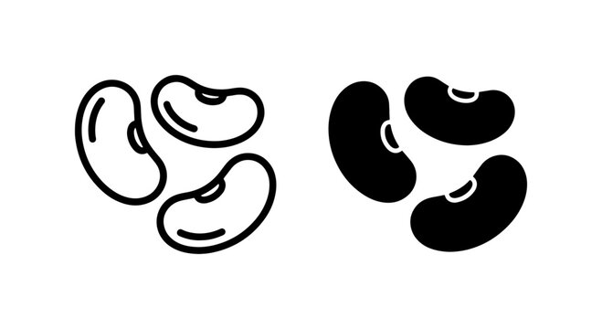 Bean Icons, Kidney Bean Outline and Solid Fill Vector Graphics, Healthy Food Elements
