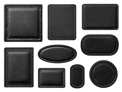 Collection of various black leather patches isolated on transparent background
