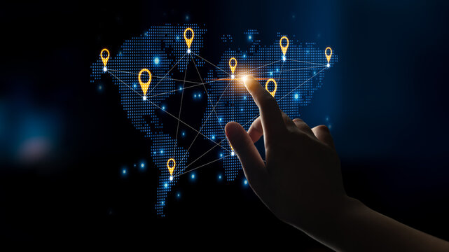 Concept of a global logistics network with location pins on a world map. This represents an international supply chain and distributed business locations for worldwide reach. Fermion