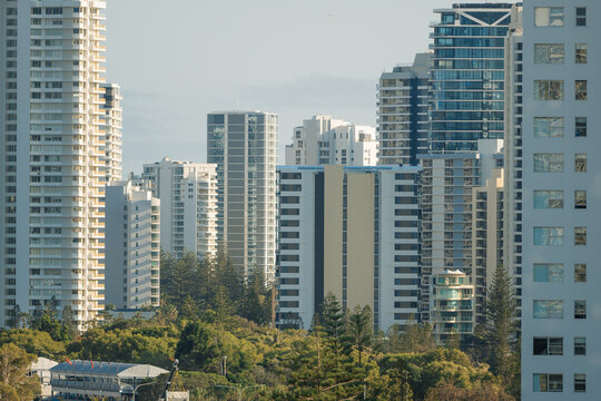 Row of modern high-rise apartment buildings on the Gold Coast with lush green trees below