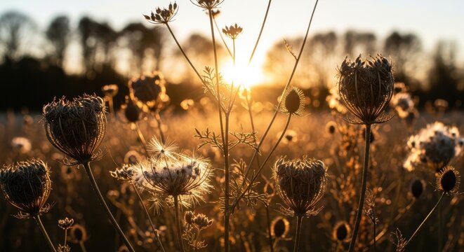 Beautiful Golden Hour Sunset Shining Through Dried Wildflowers and Weeds in a Rural Meadow Field