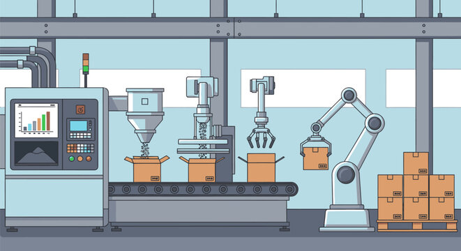 Robotic arms assemble products on a factory production line with machinery and boxes.