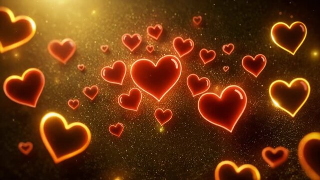 Glowing red hearts floating in warm golden light romantic love background