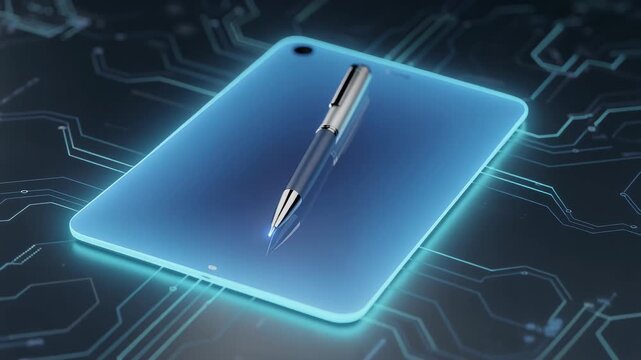 Futuristic digital tablet with stylus pen glowing on electronic circuit board background