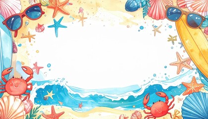 Fototapeta premium Cute Beach Doodle Frame Background with Watercolor Starfish, Sun Hats, and Sunglasses. Playful Summer Holiday Border Template for Kids Party Invitation and Sale