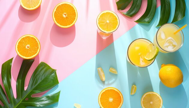 Refreshing Summer Citrus Flatlay Background with Orange, Lemon, and Lime Slices. Pink and Blue Pastel Backdrops, Cute Minimalist Healthy Food Photography Top View Layout