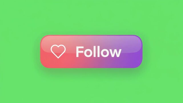 Colorful social media follow button with heart icon and hand cursor on green background