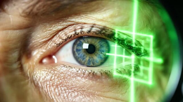 A close-up of a human eye with a green grid superimposed over the iris
