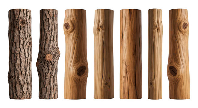Set of various natural wooden logs and tree branches with detailed bark texture for rustic design elements isolated on transparent background