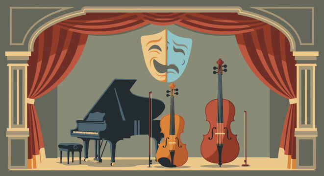 Theatrical performance stage with musical instruments and comedy tragedy masks