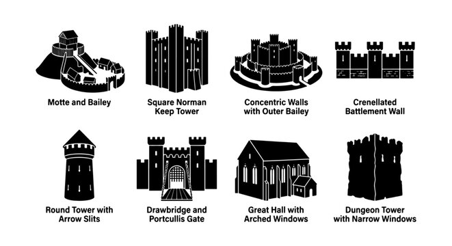 Medieval Castle Architecture Icons: Fortifications, Towers, Great Halls, Dungeon Towers