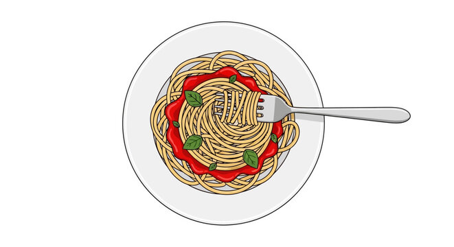 Top view of spaghetti with tomato sauce and basil on plate