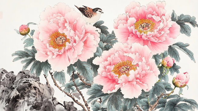 Collection of pink peonies yellow centers speckled bird on delicate branch rock
