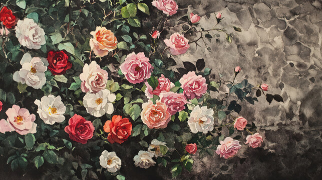 Watercolor rose profusion pink red white dark shaded background lush overflowing