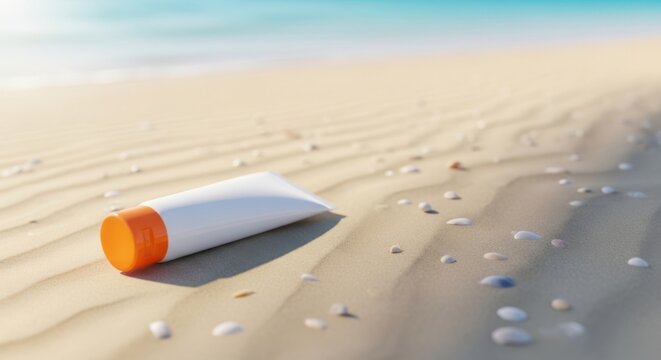 Empty sunscreen tube on sandy beach