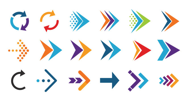 Large variety of colorful arrow icons in multiple styles including circular dashed and double headed designs for navigation and UI.