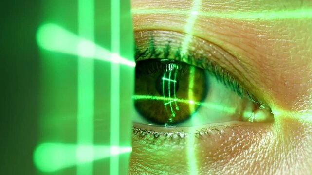 A person's eye with brown iris and green laser lines overlay