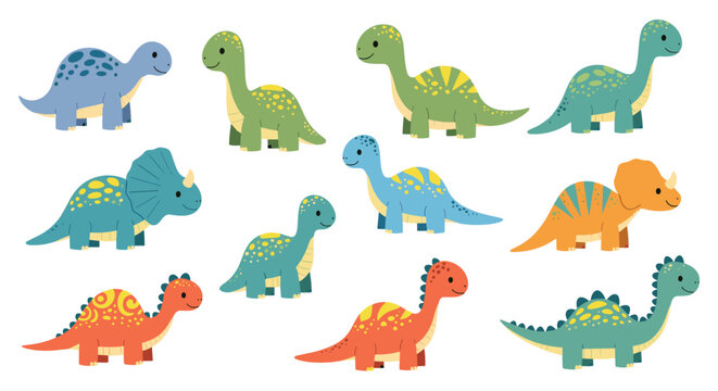 Collection of cute and colorful cartoon dinosaurs including triceratops and brontosaurus figures isolated on a white background.