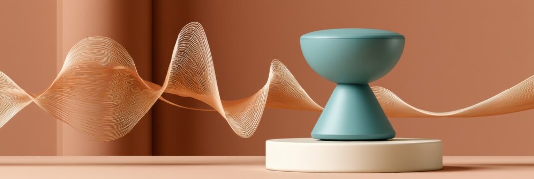A 3D render of a pelvic floor biofeedback device, featuring muscle activity data as a waveform on a warm background.