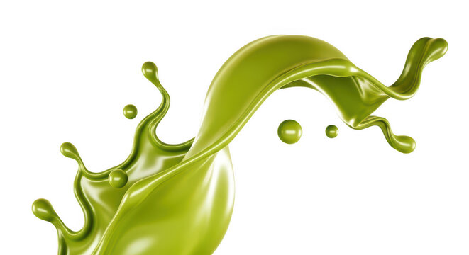 Dynamic green liquid splash with smooth waves and flying droplets isolated on transparent background