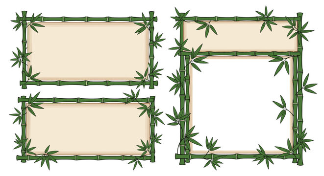 Set of rectangular frames made from green bamboo stalks and leaves for asian inspired nature and garden themed designs.