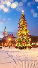 Fototapeta premium A snow-covered Christmas tree in a town square at dusk