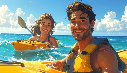Obraz premium A smiling couple enjoys a sunny day kayaking